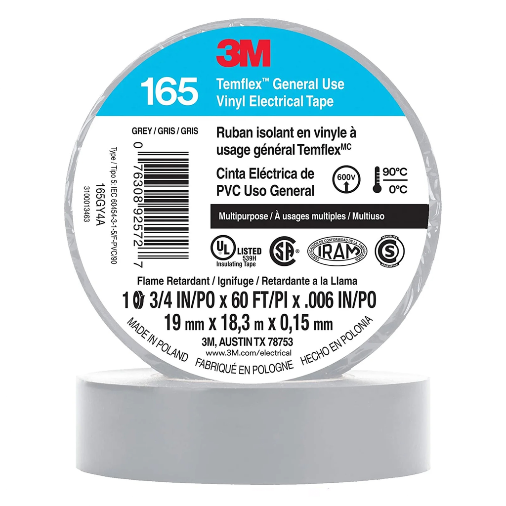 3M Temflex 165 ruban vinyle isolant gris 0.15 19mm x 20m