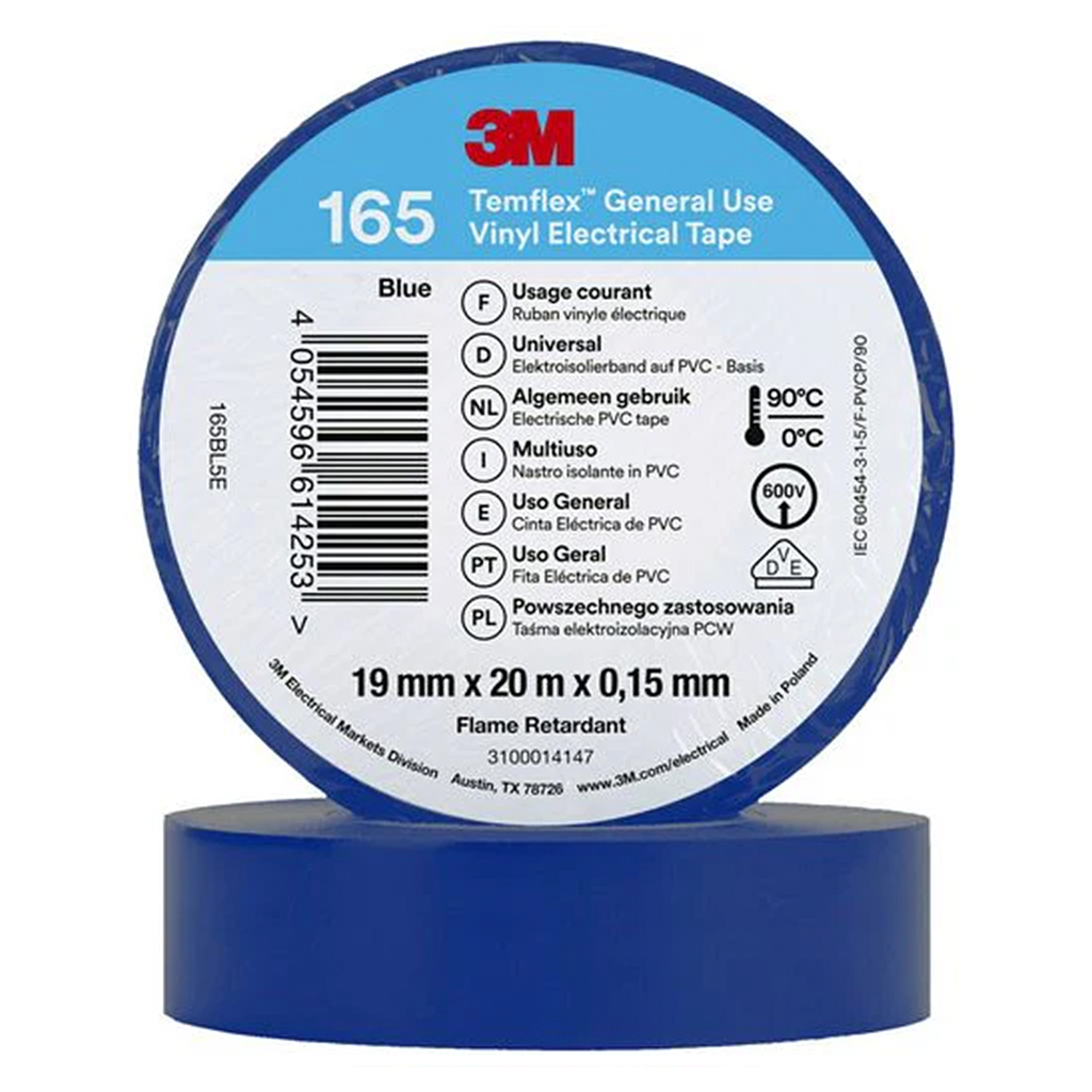 3M Temflex 165 ruban vinyle isolant bleu 0.15 19mm x 20m