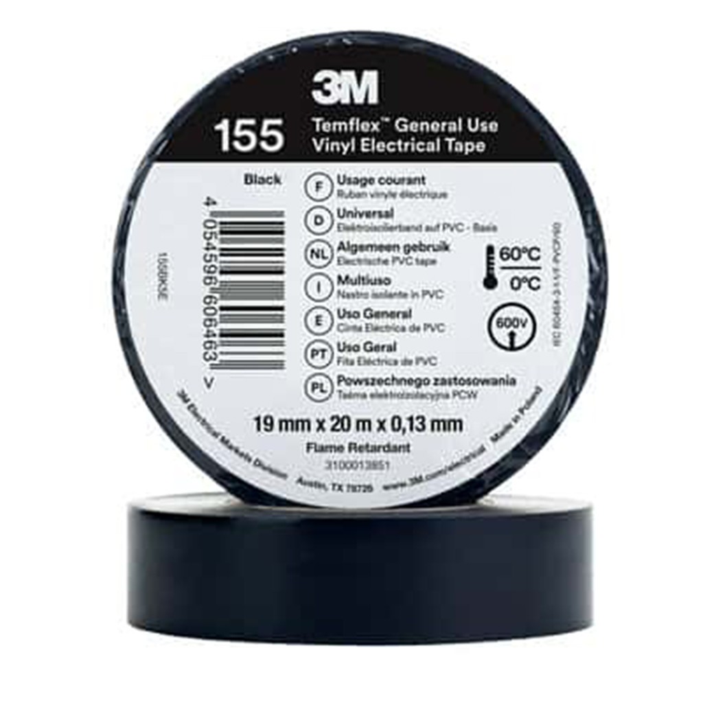 3M Temflex 155 black insulating vinyl tape 0.13 19mm x 20m