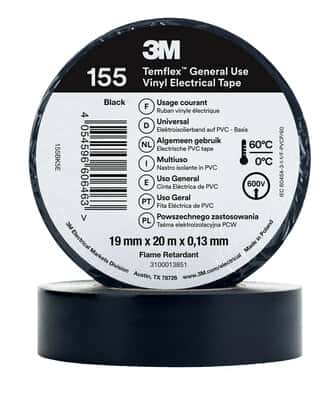 3M Temflex 155 ruban vinyle isolant noir 0.13 19mm x 20m