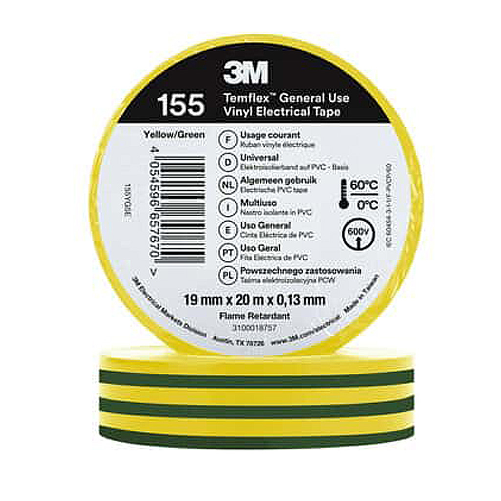 3M Temflex 155 insulating vinyl tape yellow/green 0.13 19mm x 20m