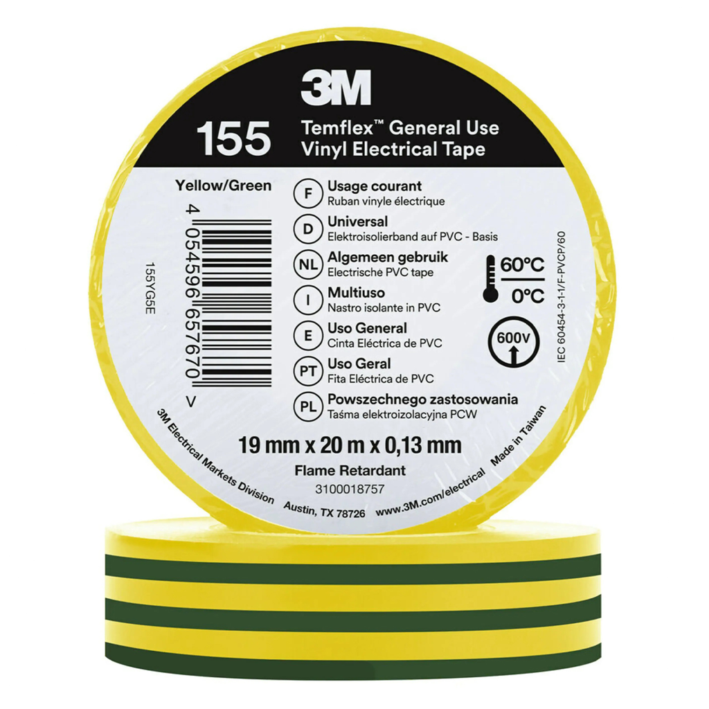 3M Temflex 155 ruban vinyle isolant jaune/vert 0.13 19mm x 20m