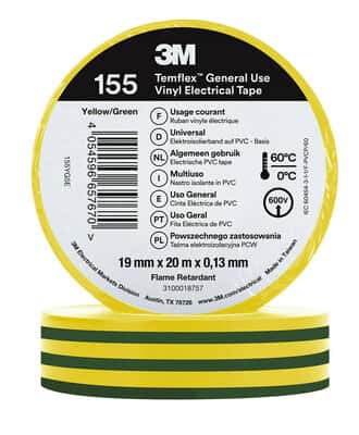 3M Temflex 155 ruban vinyle isolant jaune/vert 0.13 19mm x 20m