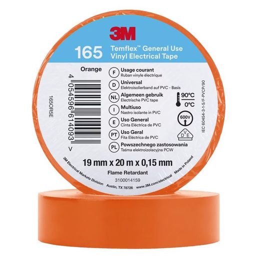 [25999] 3M Temflex 165 ruban vinyle isolant orange 0.15 19mm x 20m