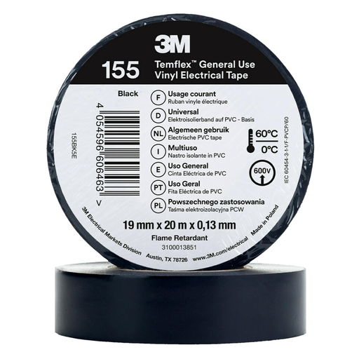 [26008] 3M Temflex 155 black insulating vinyl tape 0.13 19mm x 20m