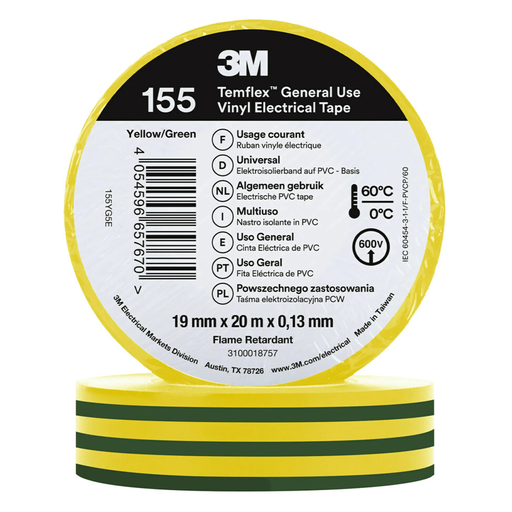 [26009] 3M Temflex 155 insulating vinyl tape yellow/green 0.13 19mm x 20m